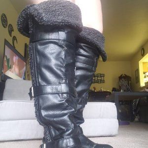 Black Faux Fur Knee High Boots